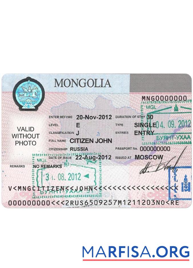 Realistic Mongolia visa sample